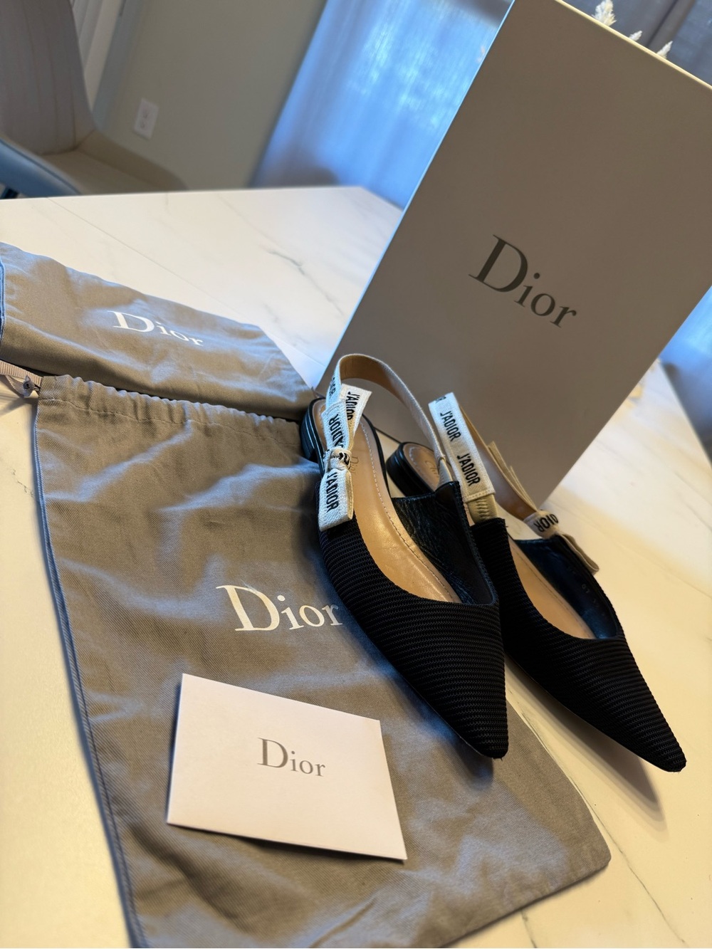 ‼️SOLD‼️ Dior Black Pointed-Toe Slingback Flats with Cream J'Adior Straps - Picture 12 of 13